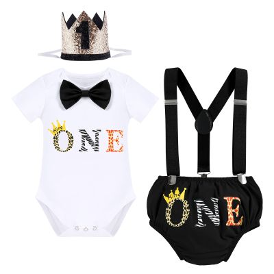 Baby Boy Jungle Safari Theme First 1st Birthday Cake Smash Outfit One Year Old Party Cotton Short Sleeve Romper Bodysuit Diaper Cover Shorts Bloomers Y-back Suspenders Crown Headband Set Black 12-18M