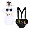 Baby Boy Jungle Safari Theme First 1st Birthday Cake Smash Outfit One Year Old Party Cotton Short Sleeve Romper Bodysuit Diaper Cover Shorts Bloomers Y-back Suspenders Crown Headband Set Black 12-18M view 1
