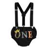 Baby Boy Jungle Safari Theme First 1st Birthday Cake Smash Outfit One Year Old Party Cotton Short Sleeve Romper Bodysuit Diaper Cover Shorts Bloomers Y-back Suspenders Crown Headband Set Black 12-18M view 3