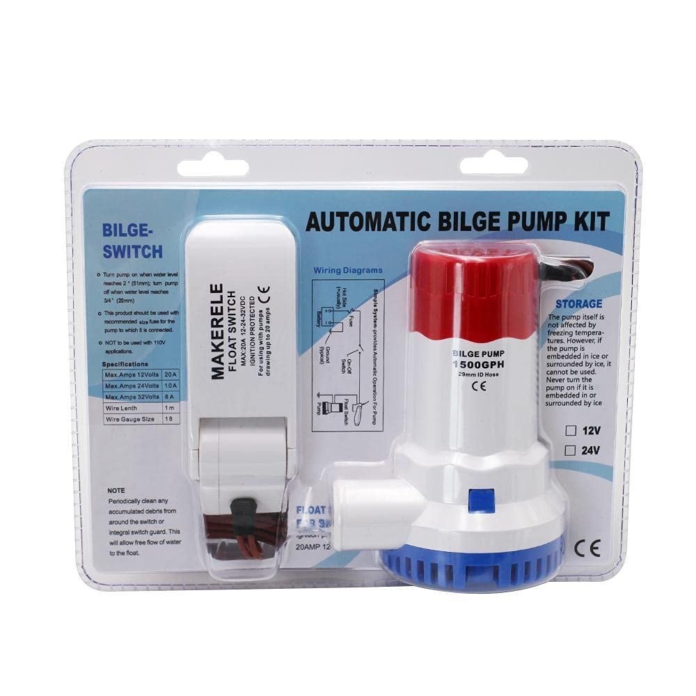 TYZK Bilge Pump Kit DC 12V 1500 GPH Automatic Bilge Pump Kit Submersible Electric Water Pump for Submersible Seaplane Motor Houseboat Boats Automatic Submersible Pump (Voltage : 24V)