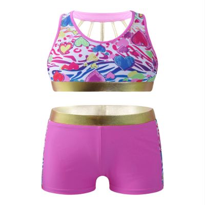renvena Girls 2Pcs Athletic Outfits Racer Back Crop Top with Booty Shorts for Ballet Dance Gymnastic Swim Colorful Zebra Pattern 14