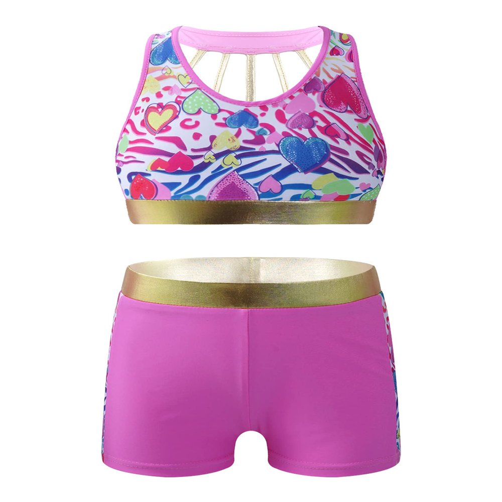 renvena Girls 2Pcs Athletic Outfits Racer Back Crop Top with Booty Shorts for Ballet Dance Gymnastic Swim Colorful Zebra Pattern 14