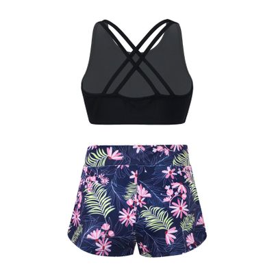 Yihuimin Girls Criss Cross Back Crop Top with Booty Shorts Kids Digital 2 Pcs Athletic Dancewear Navy Blue 6 Years
