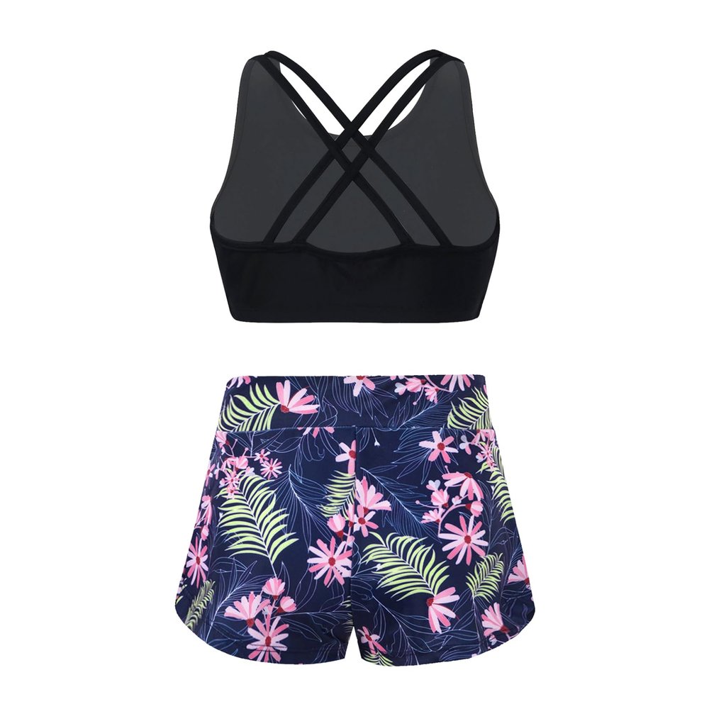 Yihuimin Girls Criss Cross Back Crop Top with Booty Shorts Kids Digital 2 Pcs Athletic Dancewear Navy Blue 6 Years