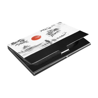 ALAZA Japanese Oil Painting Business Card Holder Leather, Stainless Steel Slim Pocket Wallet Business Card Carrier Case Holder