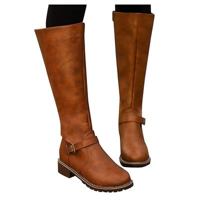 Bcshiye Women's Knee High Riding Boots Wide Calf Knee High Flat Low Heel Zipper Buckle Fashion Motorcycle Boots