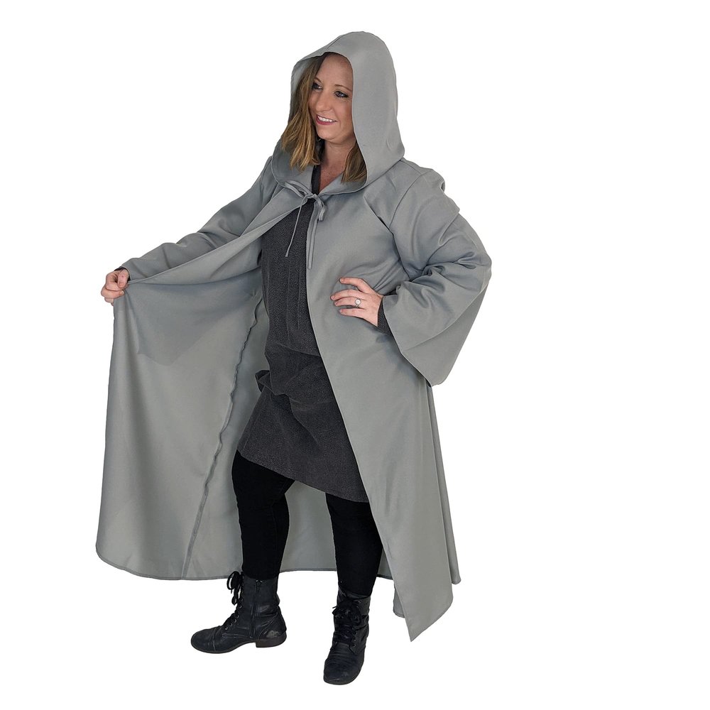 Everfan Adult Hooded Robe with Sleeves | Wizard, Jedi, Monk, Medieval Cosplay Cape, LARP Costume for Adults (Adult Small - 44" long from neck down (40" chest), Gray)