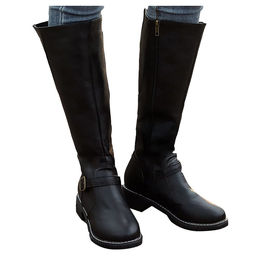 Bcshiye Women's Knee High Riding Boots Wide Calf Knee High Flat Low Heel Zipper Buckle Fashion Motorcycle Boots