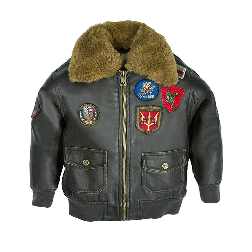 Top Gun Kid's Vegan Leather Aviator Jacket (Brown, 14)