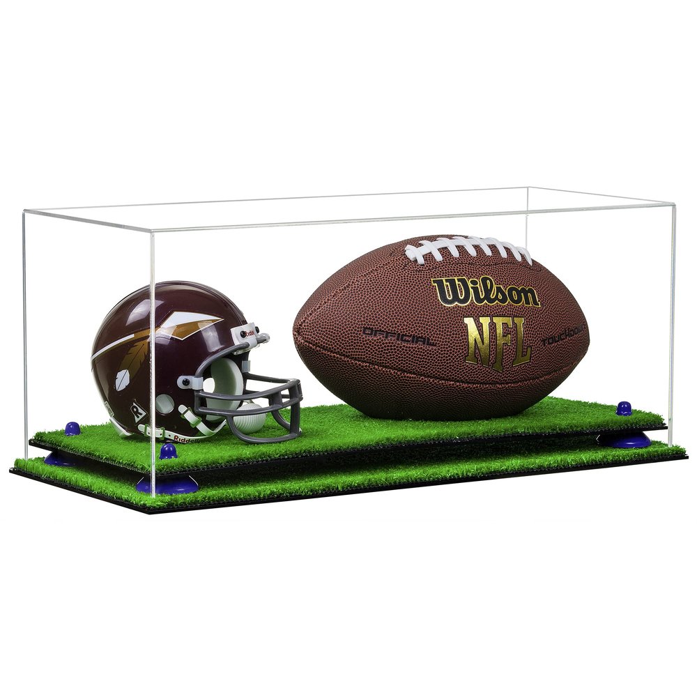 Better Display Cases Clear Acrylic Full Size Football and Mini Helmet (not Full Size) Display Case with Navy Blue Risers and Turf Base (A103/B47)