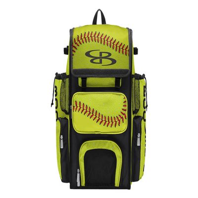 Boombah Superpack Bat Bag - Backpack Version (no wheels) - Holds 4 Bats - Strikeout Softball Optic Yellow/Red/Black