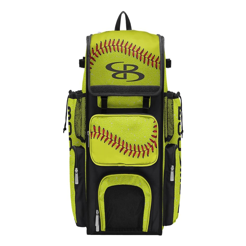 Boombah Superpack Bat Bag - Backpack Version (no wheels) - Holds 4 Bats - Strikeout Softball Optic Yellow/Red/Black