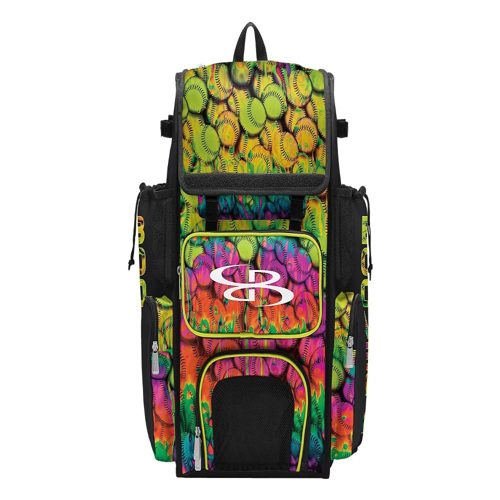Boombah Superpack Bat Bag - Backpack Version (no wheels) - Holds 4 Bats - Neon Ballpark Multi