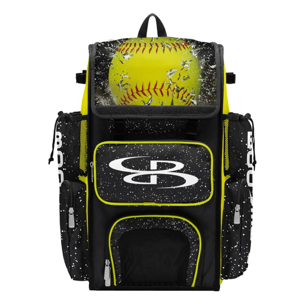 Boombah Superpack Bat Bag - Backpack Version (no wheels) - Holds 4 Bats - Softball Highlight Black/Optic Yellow/Red