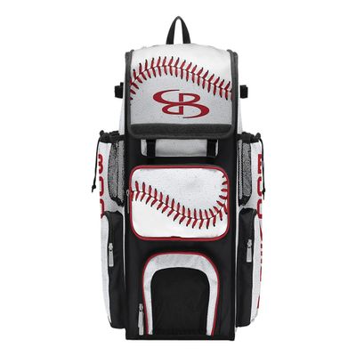 Boombah Superpack Bat Bag - Backpack Version (no wheels) - Holds 4 Bats - Strikeout Baseball White/Red/Black