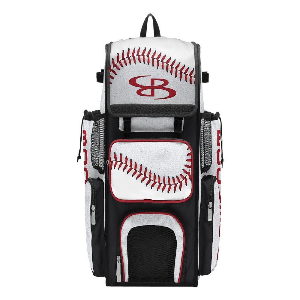 Boombah Superpack Bat Bag - Backpack Version (no wheels) - Holds 4 Bats - Strikeout Baseball White/Red/Black