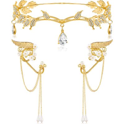 Hicarer 3 Pcs Halloween Rhinestone Leaf Headband Metal Elf Ears Fairy Costume Crown Princess Cosplay for Women(Gold)