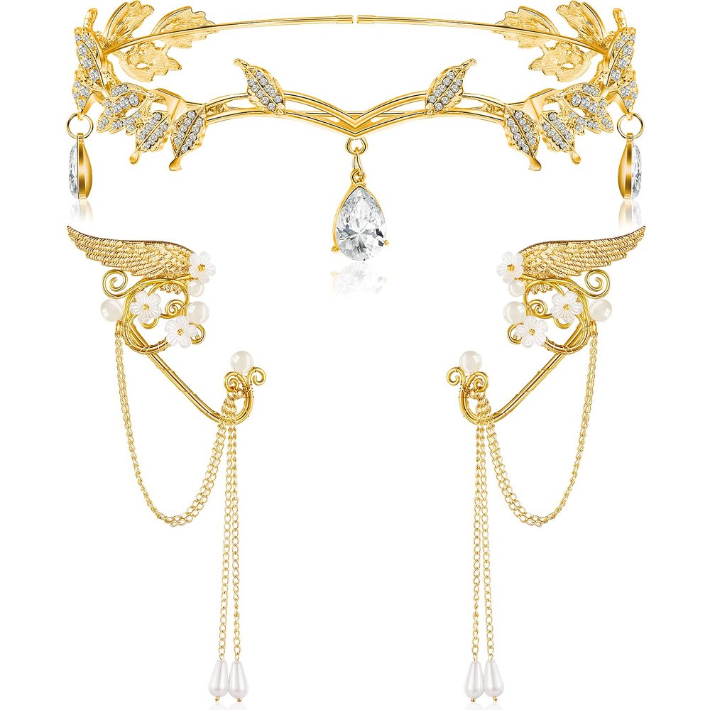 Hicarer 3 Pcs Halloween Rhinestone Leaf Headband Metal Elf Ears Fairy Costume Crown Princess Cosplay for Women(Gold)