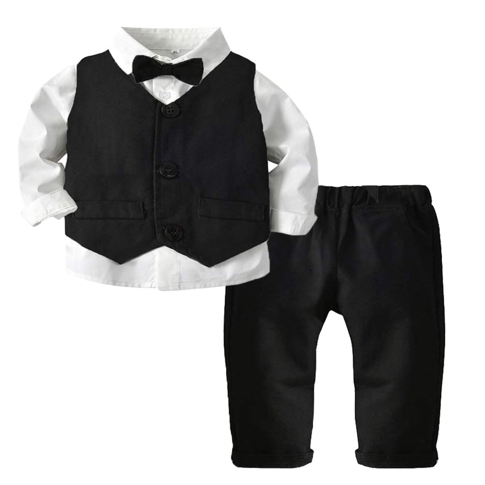 ARTMINE Toddler Boy Clothes Suit Gentleman Wedding Outfits, Formal Dress Shirt+Bowtie+Vest+Pants, US 6-12 Months = Tag 70