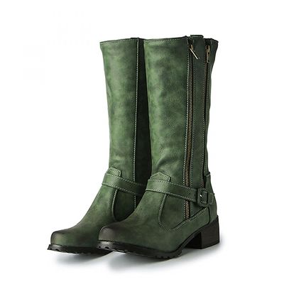 Hbeylia Boots For Women Vintage Leather Steel Toe Chunky Block Mid Heels Mid Calf Combat Boots With Side Double Zipper Retro Fashion Casual Motorcycle Riding Tall Boots Winter Shoes For Ladies