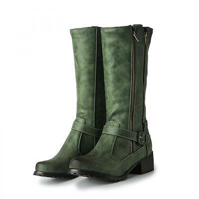 Hbeylia Boots For Women Vintage Leather Steel Toe Chunky Block Mid Heels Mid Calf Combat Boots With Side Double Zipper Retro Fashion Casual Motorcycle Riding Tall Boots Winter Shoes For Ladies
