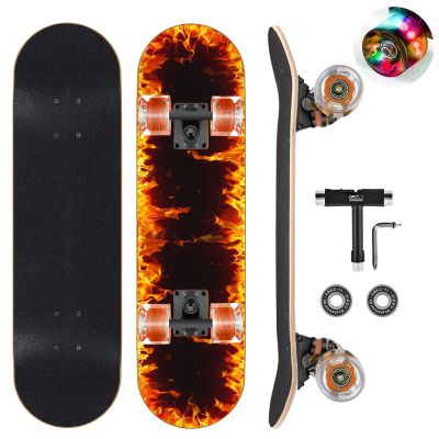 GIEEU Skateboards with Colorful Flashing Wheels for Beginners,Kids,Teens,Adults, Complete Standard Skate Boards 9 Layer Canadian Maple Deck Concave Skateboard (2-FIre)