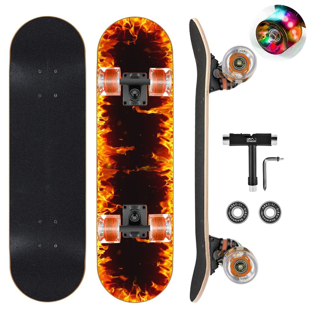 GIEEU Skateboards with Colorful Flashing Wheels for Beginners,Kids,Teens,Adults, Complete Standard Skate Boards 9 Layer Canadian Maple Deck Concave Skateboard (2-FIre)