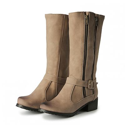 Hbeylia Boots For Women Vintage Leather Steel Toe Chunky Block Mid Heels Mid Calf Combat Boots With Side Double Zipper Retro Fashion Casual Motorcycle Riding Tall Boots Winter Shoes For Ladies