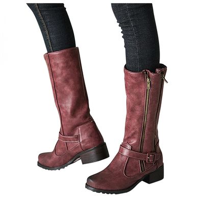 Hbeylia Boots For Women Vintage Leather Round Toe Chunky Block Mid Heels Mid Calf Combat Boots With Side Double Zipper Retro Fashion Casual Motorcycle Riding Tall Boots Winter Shoes For Ladies