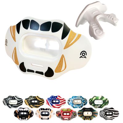 COOLLO SPORTS Lip Guard Mouthguard MAXX/Might Football and High Impact Sports Lip Protector for Adults & Youth (Strap Included) (Golden Black Fangs -(One Layer), Without Case (Adult 8+))