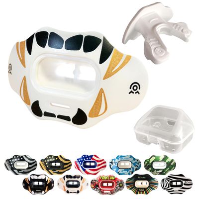 COOLLO SPORTS Lip Guard Mouthguard MAXX/Might Football and High Impact Sports Lip Protector for Adults & Youth (Strap Included) (Golden Black Fangs -(One Layer), with Case (Adult 8+))