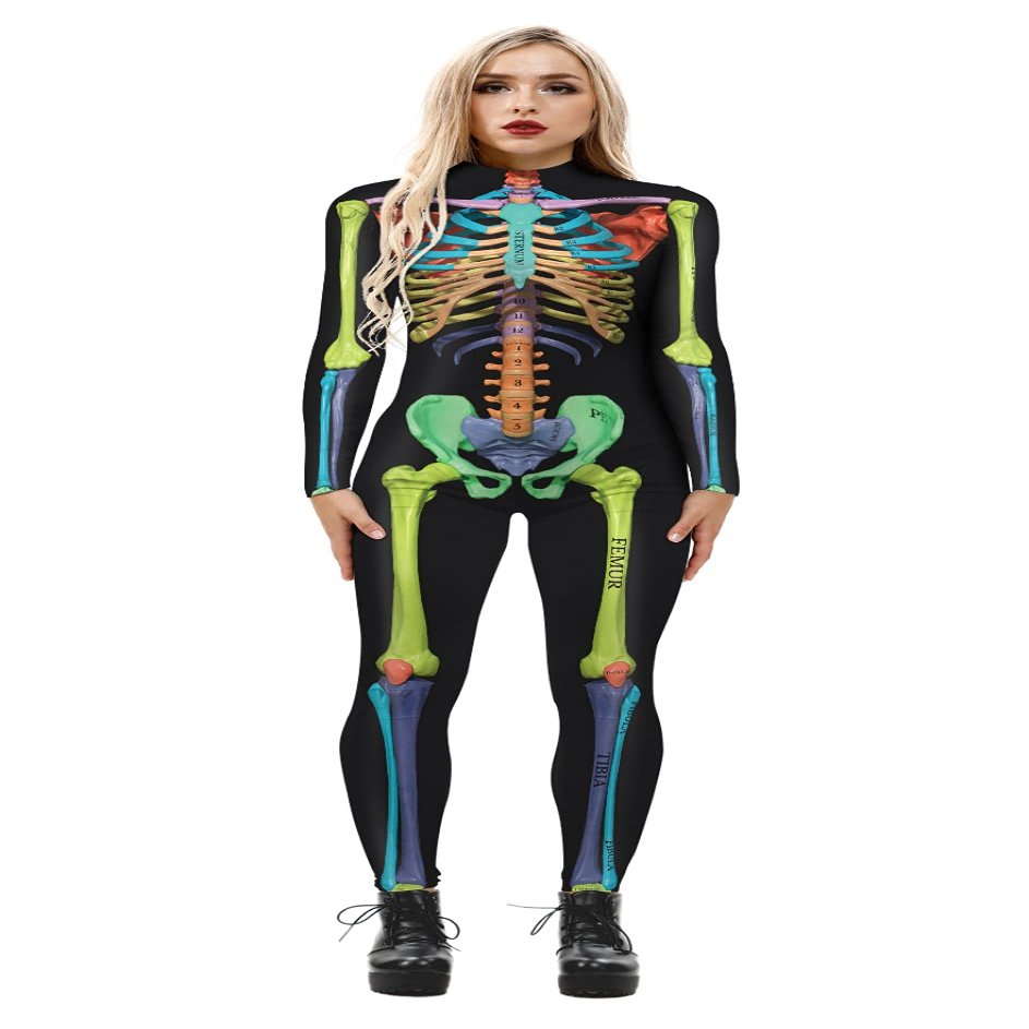 Honeystore Women's Skeleton Bodysuit Halloween Costume Bodycon Catsuit Jumpsuit BAX-162 S