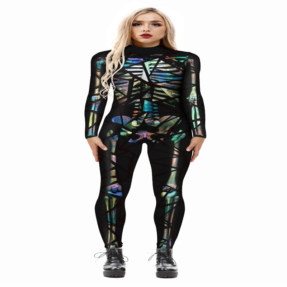Honeystore Women's Skeleton Bodysuit Halloween Costume Bodycon Catsuit Jumpsuit BAX-164 S