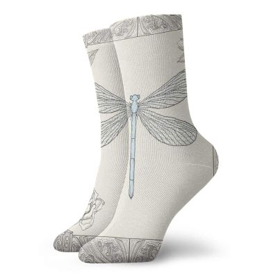 GULTMEE Dragonfly Fashion Compression Socks,Hand Drawn Royal Ancient Style Rose,Performance Polyester Cushioned Athletic Crew Socks for Running,Athletic,Black Light Blue -12 inch