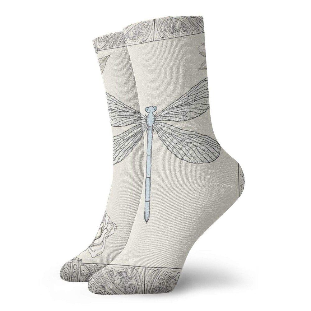 GULTMEE Dragonfly Fashion Compression Socks,Hand Drawn Royal Ancient Style Rose,Performance Polyester Cushioned Athletic Crew Socks for Running,Athletic,Black Light Blue -12 inch