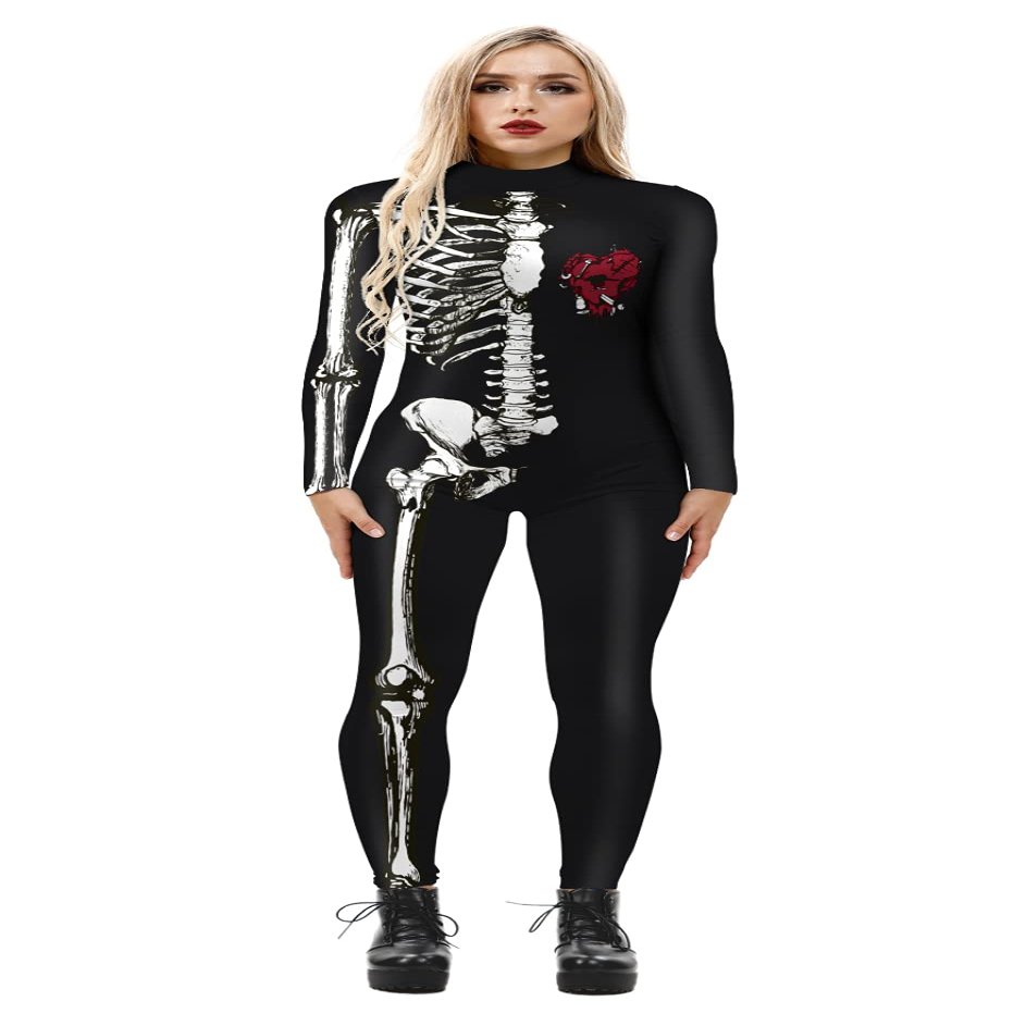 Honeystore Women's Skeleton Bodysuit Halloween Costume Bodycon Catsuit Jumpsuit BAX-163 S