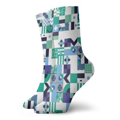 Mid Century Funny Compression Socks Women and Men,Geometric Modern Art Design In The Sixties Pop Art Shapes Pattern,Best for Circulation,Running,Athletic,Nurse,Travel,Sea Green Blue Black -12 inch