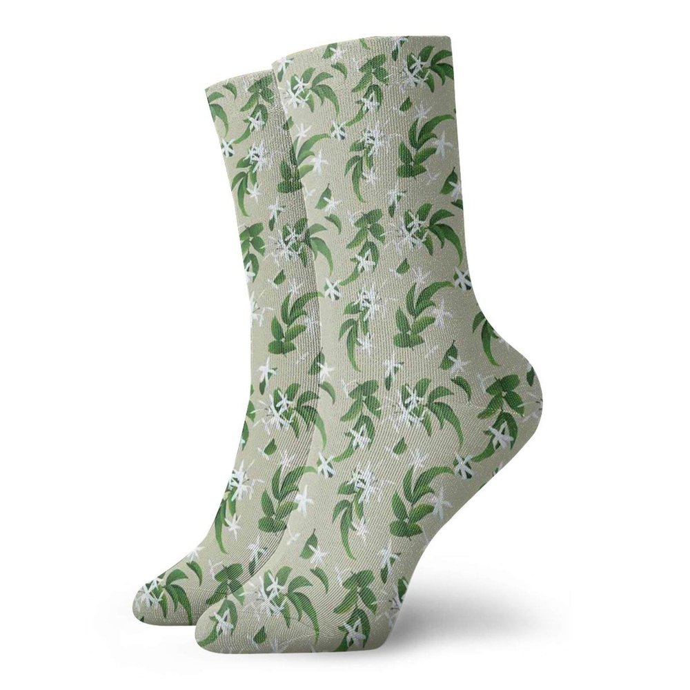 GULTMEE Funny Compression Socks Women and Men,Exotic Jasmine Flowers On Green Branches Pattern In Irregular Order,Best for Circulation,Running,Athletic,Nurse,Travel, -12 inch