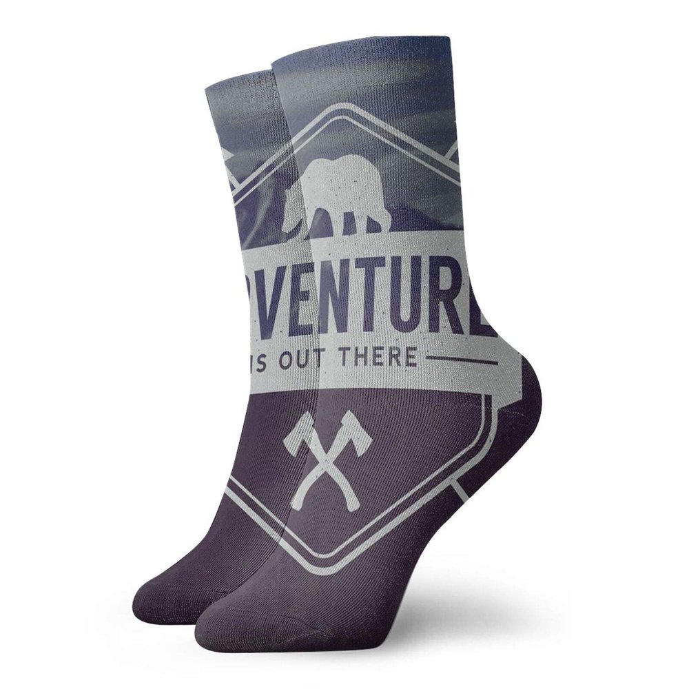 Adventure Funny Compression Socks Women and Men,Motivational Quote Hatchets And Bear Mountain Landscape,Best for Circulation,Running,Athletic,Nurse,Travel,Dark Purple Slate Blue Pale Grey -12 inch