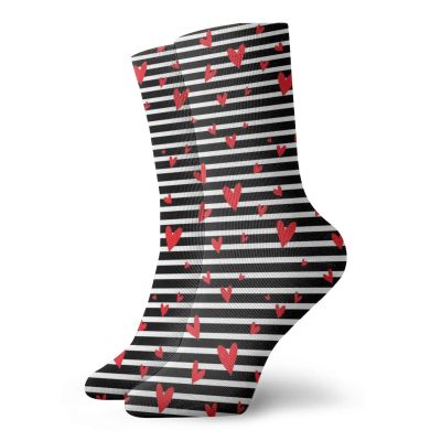 Hearts Fashion Compression Socks,Horizontally Striped Background With Scattered Romantic,Performance Polyester Cushioned Athletic Crew Socks for Running,Athletic,Black White Vermilion -12 inch