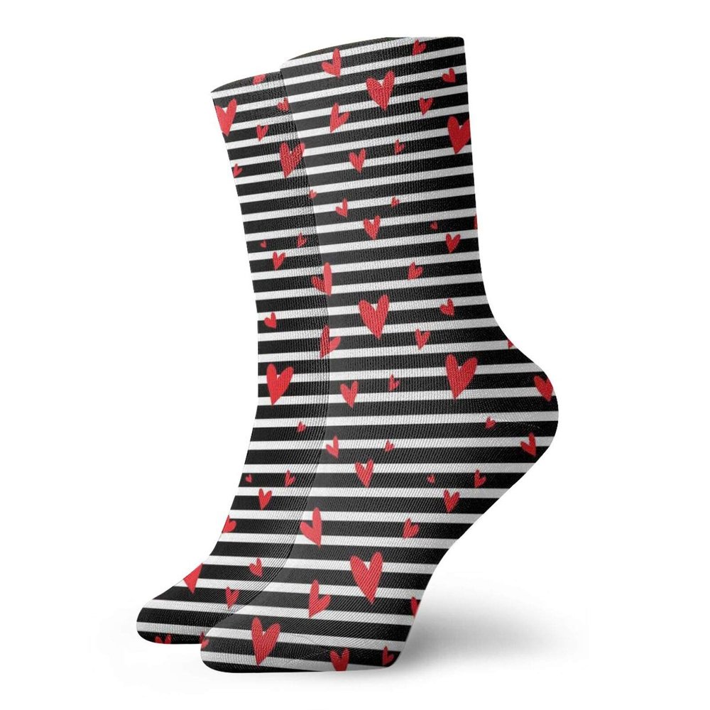 Hearts Fashion Compression Socks,Horizontally Striped Background With Scattered Romantic,Performance Polyester Cushioned Athletic Crew Socks for Running,Athletic,Black White Vermilion -12 inch