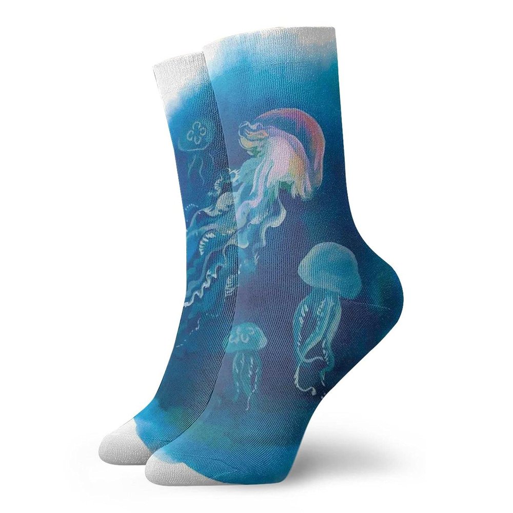 Jellyfish Funky Colorful Cushion Sport Socks,Swimming Jellyfish In The Sea Natural Wildlife Holiday Destinations Art,Athletic Cushioned Running Performance Crew Socks For Men/Women,Blue Pink -12 inch