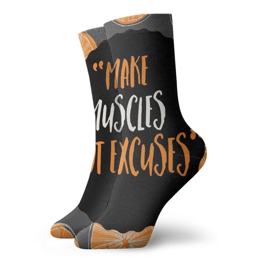 GULTMEE Fashion Compression Socks,Make Muscles Not Excuses Phrase With Modern Design Artistic Display,Performance Polyester Cushioned Athletic Crew Socks for Running,Athletic, -12 inch