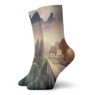 Funny Compression Socks Women and Men,Majestic Foggy Morning Scene Triglav National Park Mountain Valley Dramatic View,Best for Circulation,Running,Athletic,Nurse,Travel, -12 inch