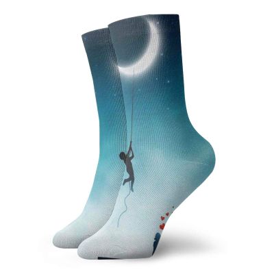 Fantasy Funny Compression Socks Women and Men,Boy Climbing To The Moon With Rope And Girl On Bench Love Valentines Fantasy,Best for Circulation,Running,Athletic,Nurse,Travel,Teal White -12 inch