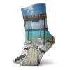 Travel Funky Colorful Cushion Sport Socks,Beach Sunbeds Ocean Sea Scenery With Wooden Seem Pier Image,Athletic Cushioned Running Performance Crew Socks For Men/Women,Blue White Pale Brown -12 inch view 1