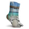 Travel Funky Colorful Cushion Sport Socks,Beach Sunbeds Ocean Sea Scenery With Wooden Seem Pier Image,Athletic Cushioned Running Performance Crew Socks For Men/Women,Blue White Pale Brown -12 inch view 2