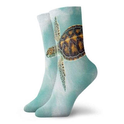 GULTMEE Turtle Funky Colorful Cushion Sport Socks,Cute Baby Turtle Swimming In Abstract,Athletic Cushioned Running Performance Crew Socks For Men/Women,Seafoam Brown Light Coffee -12 inch