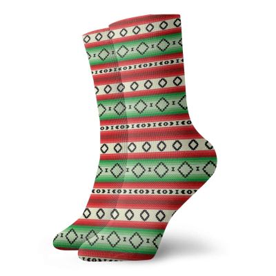 GULTMEE Fiesta Fashion Compression Socks,Mexican Blanket Geometric Stripes And Rhombuses,Performance Polyester Cushioned Athletic Crew Socks for Running,Athletic,Green Vermilon Cream -12 inch