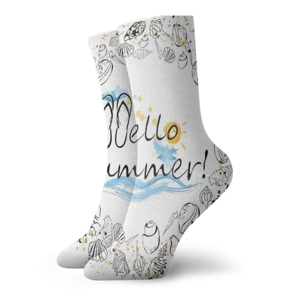 GULTMEE Beach Quote Funky Colorful Cushion Sport Socks,Hello Summer Lettering Composition In A,Athletic Cushioned Running Performance Crew Socks For Men/Women,Black Yellow Pale Blue -12 inch